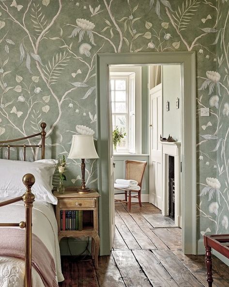 Lewis & Wood on Instagram: “Thank you @nickyarsley for a great shot of a glorious @frampton_court bedroom decked out in one of our fresco finish Adams Eden papers. : :…” Lewis And Wood, Bedroom Deck, Simple Bed Frame, Uk Holiday, Country House Interior, Wallpaper Decor, Holiday Homes, Wallpaper Bedroom, Green Wallpaper