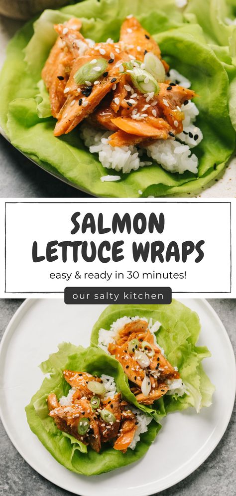 For a quick meal, or a way to use leftover salmon, turn to these salmon lettuce wraps! Flaked salmon is tossed with healthy teriyaki sauce (refined sugar free!) then layer with steamed rice into butter lettuce wraps. This is an easy and healthy salmon dinner recipe or a great way to use leftover salmon for lunch the next day. Low carb and paleo! #salmon #healthyrecipes #asianrecipes #quickmeal #quickdinner Salmon Wrap Recipes, Healthy Teriyaki Salmon, Healthy Salmon Dinner Recipes, Butter Lettuce Wraps, Healthy Teriyaki Sauce, Lettuce Boat Recipes, Salmon Lettuce Wraps, Leftover Salmon Recipes, Leftover Fish