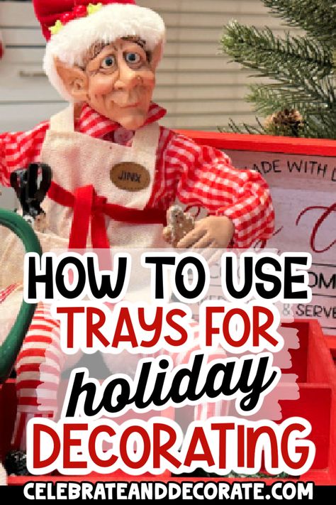 Here are the best ways how to use trays for holiday decorating. Easy Christmas decor ideas for home! Christmas Bed Tray Decor, How To Decorate A Tray For Christmas, Christmas Decor Ideas For Console Table, Christmas Decor Tray Ideas, Holiday Tray Decor, Tray Christmas Decor Table Centerpieces, Christmas Trays Ideas, Console Table Christmas Decor Ideas, Christmas Trays Diy