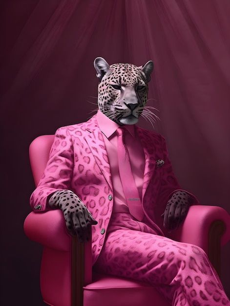 A leopard in a pink suit | Premium Photo #Freepik #photo #suit #leopard #panthera #pink-background Animals In Suits, Photo Suit, Fancy Glasses, Animal Portraits Art, Pink Animals, Pink Panther, Pink Suit, Pink Panthers, Craft Stickers