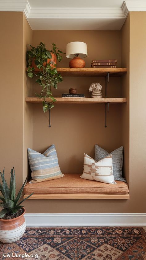 Want to make the most of small spaces? Discover 15 stylish nook design ideas to turn any corner into a functional, cozy retreat. From adding built-in seating to creating versatile reading corners, these ideas help you design beautiful nooks that elevate your home's style and comfort. Display Nook In Wall, Shelf Nook Built Ins, Small Alcove Ideas Hallways, Turn Closet Into Nook, Unused Corner Ideas, Small Corner Entryway, Wall Nook Decor, Hallway Corner Ideas, Small Alcove Ideas