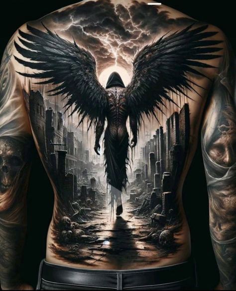 Angel Tattoo Men Back, Sinister Tattoos, Leg Tattoos For Men, Personal Beliefs, Cool Back Tattoos, Hyper Realistic Tattoo, Piece Tattoo, Phoenix Tattoo Design, Skeleton Tattoos