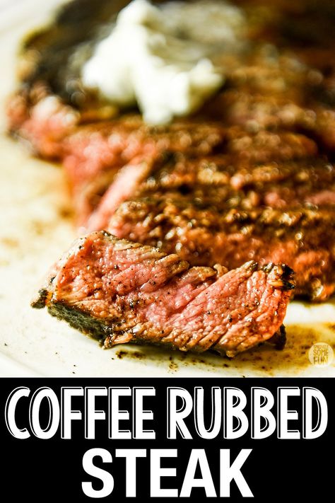 The only steak rub I'll ever need. The coating of coffee and spices mingle together to make the most delicious steak ever! #coffeerubrecipe #coffeerubbedsteak #coffeecrustedsteak #steak Coffee Rub Recipe, Coffee Rubbed Steak, Steak Rub, Seared Salmon Recipes, Salmon Recipes Pan Seared, Skirt Steak Recipes, Coffee Rub, Delicious Steak, Steak Rubs