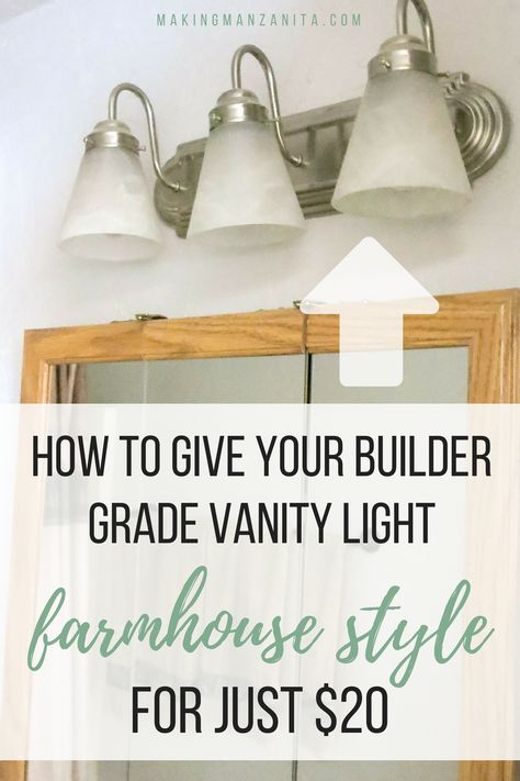 How to Give a Builder Grade Vanity Light Farmhouse Style Farmhouse Bathroom Lighting, Farmhouse Bathroom Light, Bathroom Diy Ideas, Lighting Makeover, Farmhouse Style Bathroom, Farmhouse Style Lighting, Bathroom Vanity Lights, Diy Bathroom Vanity, Diy Light Fixtures