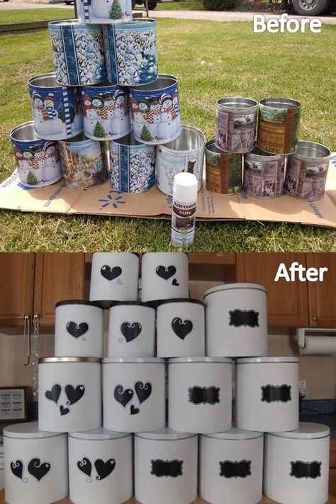 Have way to many boy scout popcorn tins? Spray paint and had chalk stickers to turn them into reusable storage containers. Coffee Can Diy Projects, Plastic Coffee Containers, Creamer Container, Metal Storage Containers, Popcorn Tin, Diy Recycled Projects, Diy Kitchen Projects, Upcycle Repurpose, Aluminum Can Crafts