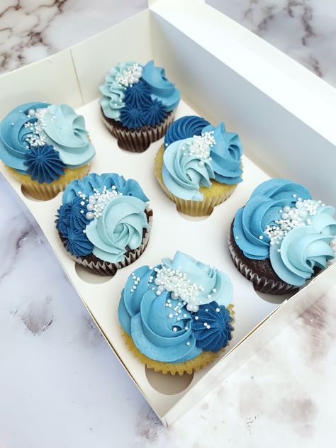 Blue And White Cupcakes, Ocean Themed Cupcakes, Blue Vanilla Cupcakes, Blue Mini Cupcakes, Blue And Gray Cupcakes, Shades Of Blue Cupcakes, Chocolate Cupcakes With Blue Frosting, Blue And White Frosted Cupcakes, Ocean Cupcakes