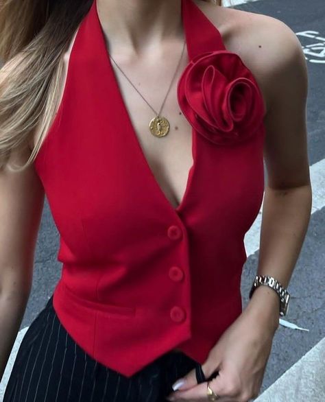 Elegant Chic Aesthetic, Halter Neck Vest, Waistcoat Women, Halter Vest, Floral Embellishment, High School Outfit, Red Vest, Casual Day Outfits, فستان سهرة