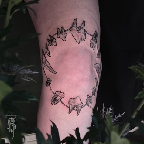 𝕿𝖊𝖊𝖙𝖍-𝖐𝖊𝖊𝖕𝖊𝖗 🦷 What are you looking at here, exactly? A wraith of canine teeth around a knee, of course! Custom tattoo for Moa, who happens to have an excellent taste in horror films. 😌 Thank you! #tattoo #tattooart #tattoos #stockholmtattoo #stockholm #tattooartist #inklife #tattooaddict #blackwork #tattoolove #spookytattoo String Of Teeth Tattoo, Cat Teeth Tattoo, Horror Knee Tattoo, Teeth Around Knee Tattoo, Jaw Knee Tattoo, Horror Film Tattoo, Around The Knee Tattoo, Stitches Tattoo, Teeth Tattoo