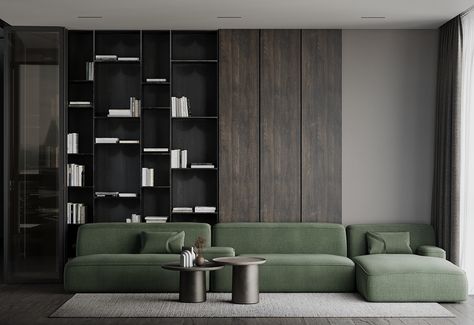 Black White And Walnut Living Room, Green Black Apartment, Walnut And Green Interior, Green Black Interior Design, Green And Black Interior Design, Walnut Interior Design, Black And Green Living Room Ideas, Artpartner Architects, Houndstooth Interior