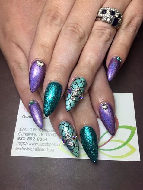 Mermaid nails Almond Nails Mermaid, Nails Design Stiletto, Nails Mermaid, Mermaid Nail Art, Nail Effects, Purple Nail, Stiletto Nails Designs, Mermaid Nails, Acrylic Coffin