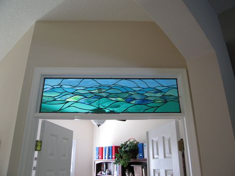 Stained Glass Patterns Horizontal, Stained Glass Lake House Ideas, Modern Stained Glass Windows, Stained Glass Transom, Stained Glass Transom Window, Transom Windows Stained Glass Design, Stained Glass Transom Windows Interior, Stained Glass Horizontal Panels, Sky Stained Glass Window