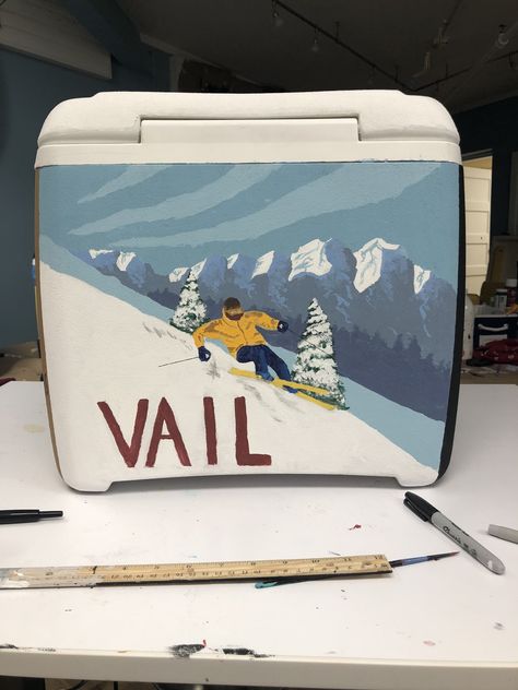 Colorado Frat Cooler, Fraternity Formal Cooler, Frat Cooler Painting, Frat Coolers Ideas Formal, Frat Coolers Formal, Frat Formal Coolers, Hand Painted Coolers, Mountain Weekend Cooler, Painted Fraternity Coolers