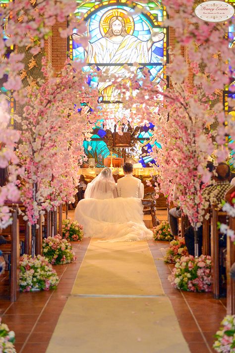 Cherry Blossoms setup at Caleruega Church Batangas Outdoor Wedding Alter, Cherry Blossom Wedding Dress, Wedding Proposal Ideas Engagement, Cherry Blossom Wedding Theme, Sakura Wedding, Wedding Pews, Aisle Decorations, Blossom Wedding, Wedding Alters