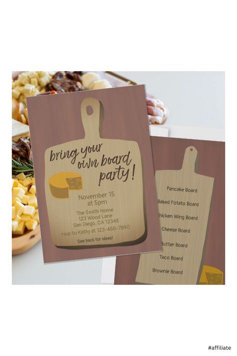 Bring Your Own Food Board Party, Bring Your Own Board Party Invitation, Charcuterie Board Party Invitation, Ladies Dinner Party Ideas, Adult Dinner Party Ideas, Bring A Board Party Ideas, Food Party Themes, Party Themes For Adults Unique, Bring Your Own Board Party Ideas