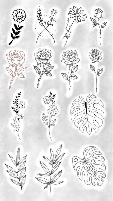 Rose Tattoo Flash Sheet, Flash Sheet Tattoo Simple, Simple Tattoo Flash Sheet, Minimalist Tattoo Flower, Tattoo Flash Sheet Ideas, Feminine Tattoo Flash, Floral Flash Tattoo, Flash Tattoo Feminina, Floral Tattoo Flash