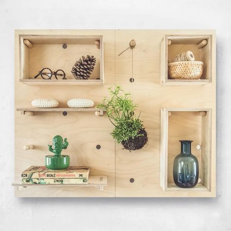 Wall Shelves Office, Peg Board Storage, Boho Shelves, Shelves Office, Wooden Pegboard, Kitchen Wall Panels, Plywood Wall, Peg Boards, Organizational Hacks