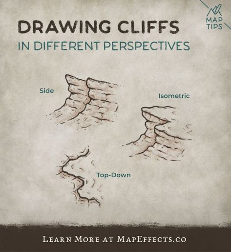 When you sit down to draw a fantasy map for your story, one of the first things to decide is the perspective you’ll use. The most common tend to be isometric and top down, but which should you use? Here we will look at some of the benefits of each using something like cliffs to show some of the differences. #mapeffects Map Effects, Map Sketch, Fantasy Map Making, Fantasy World Map, Map Maker, Writing Fantasy, Fantasy Maps, Drawn Map, Rpg Map