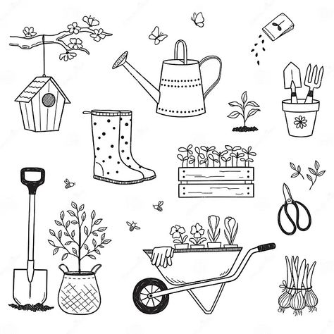 Gardening doodles stock vector. Illustration of icon - 268211158 Chair Flowers, Plant Sketches, Furniture Sketch, Doodle Paint, Hand Doodles, Doodle Pages, Heart Drawing, Vector Sketch, Mom Art