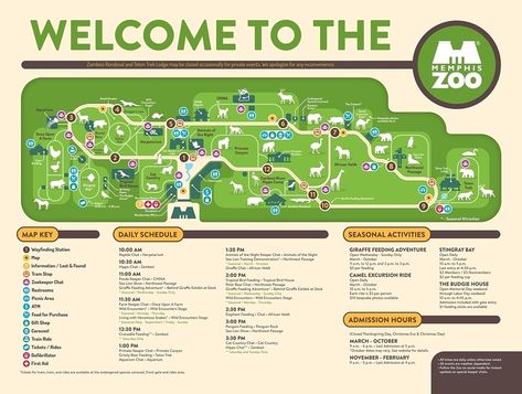 Be sure to grab a map for easy navigation of the expansive zoo property. Zoo Boo, Giraffe Feeding, Zoo Map, Memphis Zoo, Zoo Lights, Map Layout, Zambezi River, Zoo Wedding, Sign System