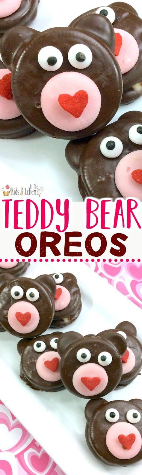 A super easy Valentine's Day party treat, these Teddy Bear Oreos will steal your heart! Chocolate-dipped treats like these are perfect to make with kids because the cookies are already pre-made (no baking required!) and all you have to do is decorate (the fun part!!) #valentinesday #cookies #oreo Bear Oreos, Pup Party, Oreo Ideas, Valentine Teddy Bear, Sweet Easy Recipes, Dipped Marshmallows, Dipped Treats, Cooking Kids, Chocolate Dipped Treats