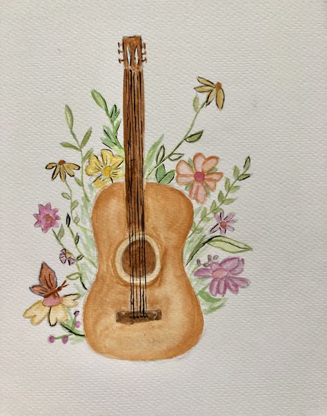 Music Painting Ideas Easy, Guitar Watercolor Painting, Music Watercolor Painting, Object Watercolor, Watercolor Guitar, Guitar Watercolor, Girl Paintings, Guitar Drawing, Music Crafts