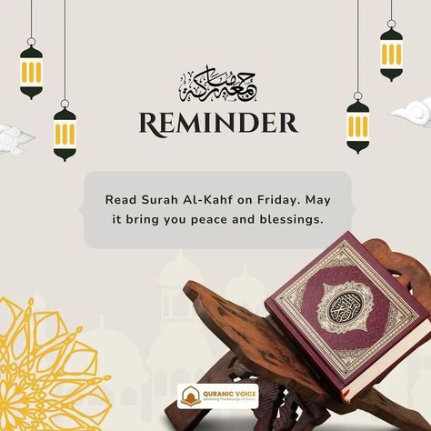 Importance of Reading Surah Al-Kahf on Friday "Reading Surah Al-Kahf on Fridays holds great significance in Islam. It's a blessed practice that brings numerous rewards and blessings. The Prophet Muhammad (peace be upon him) emphasized its benefits, as it offers protection from fitnah (trials) and brings light to the heart. Make it a habit to recite this powerful Surah on Fridays to invite Allah's mercy and guidance into your life. #SurahAlKahf #FridayBlessings #Islamic Practice #QuranicWisd... Surah Kahf, Surah Al Kahf, Al Kahf, Importance Of Reading, Arabic Text, Peace Be Upon Him, Jumma Mubarak, The Prophet, Islamic Images