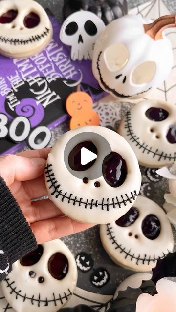 Holly Jade on Instagram: "JACK SKELLINGTON COOKIES💀 YAY or NAY? Who wants one? Follow @thelittleblogofvegan for the best vegan recipes! 

HAPPY SPOOKY SEASON! Celebrating with my vanilla cookies with black cherry jam & vanilla icing…shaped as the pumpkin King..Jack Skellington from The Nightmare Before Christmas 🎃 Vegan, Easy, SUPER fun to make! You’ll love them! If you make them, please tag or credit!

💀 COMMENT ‘JACK COOKIE’ and I’ll DM you the recipe link! Or just head to my site! 

——> Get the full recipe on my website: thelittleblogofvegan.com 
Type ‘Jack Skellington Cookies’ in the search bar of my site! 

#nightmarebeforechristmas #jackskellington #halloweencookies #cookies #jackskelington #spookyseason" The Nightmare Before Christmas Cookies, Jack Skellington Cookies, Voodoo Cookies, Nightmare Before Christmas Cupcakes, Creepy Halloween Desserts, Black Cherry Jam, Skeleton Cookies, Happy Spooky Season, Christmas Vegan