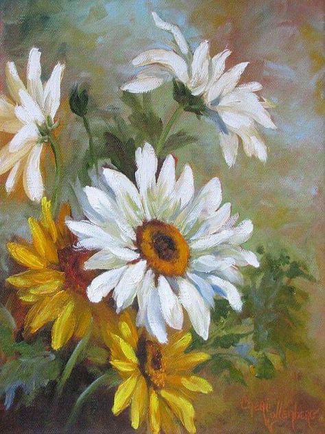 Floral Garden Painting, Yellow Floral Painting, Yellow Daisy Painting, Daises Painting, Daisies Painting, Painting Daisy, Table Easel, Daisy Art, Acrylic Painting Flowers