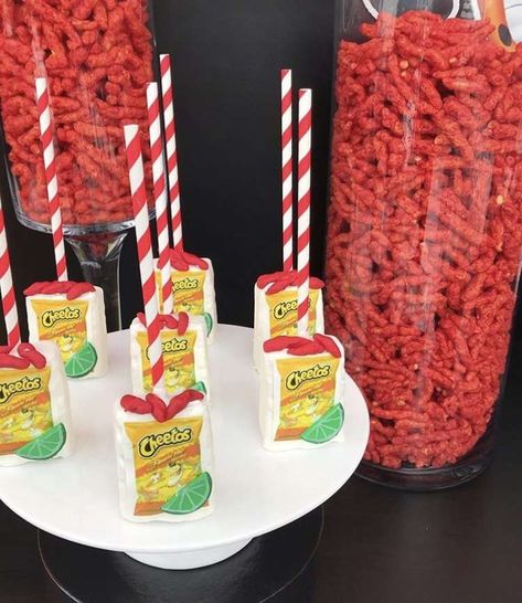 Aj’s 13th Hot Cheetos Birthday Party | CatchMyParty.com Cheeto Birthday Party, Hot Cheetos Birthday Theme, Flamin Hot Cheetos, Mexican Fiesta Birthday Party, Hot Chips, Mexican Birthday Parties, Minimalist Halloween, Mexican Snacks, Hot Cheetos