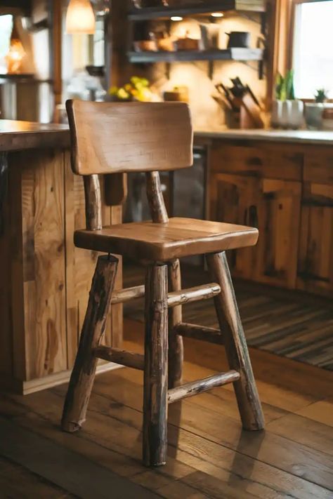 Wooden rustic kitchen stool by a kitchen counter in a cozy cabin setting. Barrel Bar Stools, Wine Barrel Bar Stools, Wine Barrel Bar, Mid Century Bar Stools, Extra Tall Bar Stools, Steel Stool, Barrel Bar, Tall Bar Stools, Home Bars