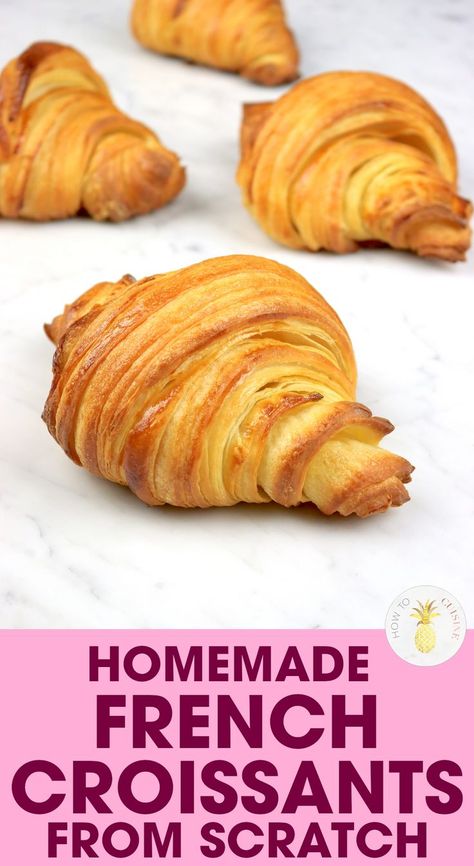 Who doesn't love the delicious smell of freshly baked croissants? These croissants are flaky, buttery, have a glossy crispy exterior and a soft and rich inside, which makes them the perfect breakfast! In today's video, we are sharing with you the key to making perfect french croissants! This easy-to-follow guide will show you how to make croissants like a chef, step by step! We can't wait for you to try this tasty croissant recipe! Croissant Recipe Videos, French Croissant Recipe, Make Croissants, French Croissants, French Croissant, Homemade Croissants, Croissant Recipe, A Chef, Perfect Breakfast