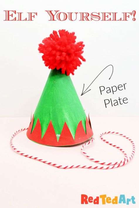 Paper Crown Origami, Paper Plate Elf, Elf Hat Template, Elf Hat Craft, Paper Plate Christmas Tree, Diy Christmas Hats, Crismas Tree, Origami Crown, Wearable Crafts