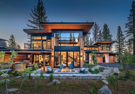 A Modern Design Fit for a Family - Tahoe Quarterly California Mountain, Martis Camp, Modern Lake House, California Mountains, Floating Staircase, Built In Bbq, Sold Home, Mountain Modern, House Roof