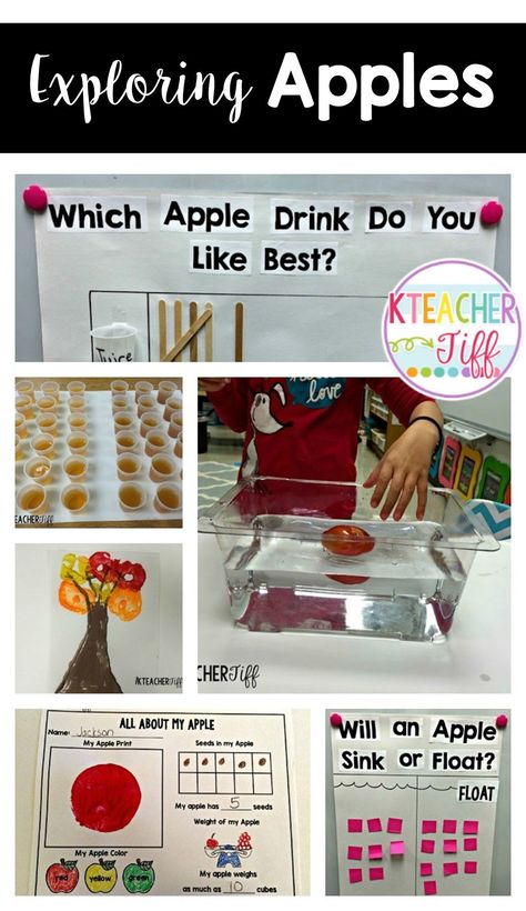 Apple activities and ideas for a kindergarten or first grade classroom. Exploring apples= so many great opportunities for math and science! Apple Centers For Kindergarten, Apple Activities First Grade, Apple Week Kindergarten, Apples With Cinnamon, Apple Week, Preschool Apple Theme, Apple Kindergarten, Apples To Apples, Apple Lessons