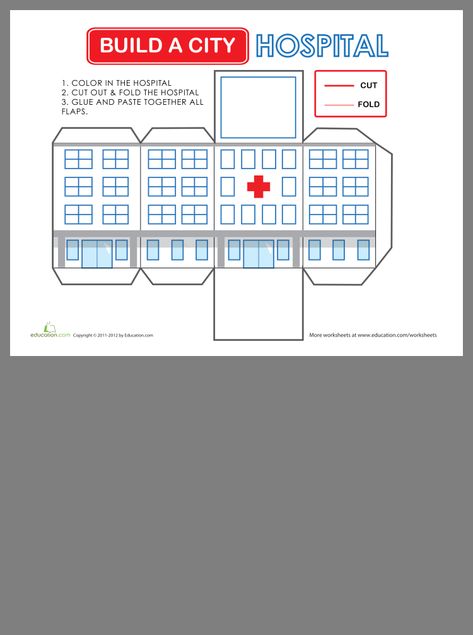 Paper School Template, Paper Buildings Free Printable, Hospital Crafts For Kids, Paper City Printable, Kids Creative Ideas, Flower Making Paper, Easy Paper Crafts For Kids, Build A City, Making Paper Flowers