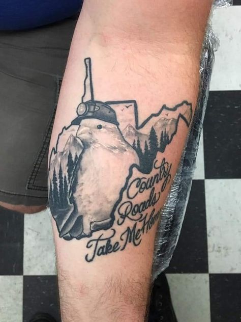 West Virginia themed tattoo, canary with a coal miner helmet, Country Roads Take Me Home by Ron at Cherry Bomb in Martinsburg, WV Wv Tattoo Ideas West Virginia, Genealogy Tattoo, Country Roads Take Me Home Tattoo, Country Roads Tattoo, Wv Tattoo Ideas, Coal Miner Tattoo, Miner Tattoo, Wv Tattoo, West Virginia Tattoo