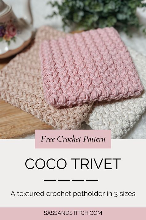 The Coco Trivet is a thick and durable potholder that will keep you safe in the kitchen while also providing a luxury look and texture. How To Crochet Hot Pads Free Pattern, Thick Knitted Pot Holders Free Pattern, Granny Square Trivet, Chunky Crochet Pot Holder Pattern, Macrame Trivet Hot Pads Diy, Modern Crochet Potholder, Double Thick Trivet Crochet Pattern, Diy Crochet Pot Holders, Holiday Pot Holders