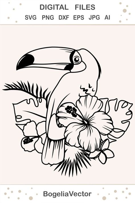 This is a printable Toucan Svg vector file. You can cut it out, make a sticker out of it, or simply print it on a shirt. Bird Svg, Svg For Shirts, Beach Svg, Flowers Svg, Tropical Animals, Svg Summer, Tropical Bird, Animal Svg, Summer Tropical