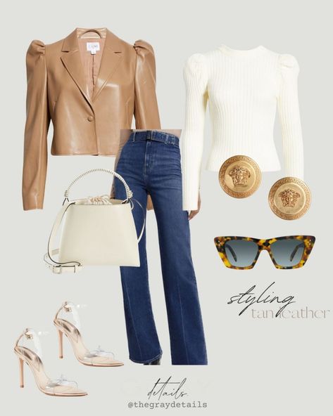 How to Wear a Tan Leather Jacket for Spring Tan Leather Jacket Outfit Women, Camel Leather Jacket Outfit, Light Brown Leather Jacket Outfit, Tan Leather Jacket Outfit, Beige Leather Jacket Outfit, Leather Jacket Outfit Spring, Leather Top Outfit, Cropped Jacket Outfit, Casual Leather Jacket Outfit