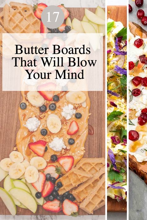 Are you looking for a new way to serve appetizers, snacks or a meal with a wow factor? Look no further. With these 17 Butter Boards, you'll find ideas that will blow your mind and have everyone talking. From classic boards to eclectic mix-and-match creations, you're sure to find something to please everyone. Butter Boards, Unique Snacks, Sweet Dips, A Charcuterie Board, Sweet Butter, Snack Board, Party Food Platters, Charcuterie Recipes, Wine Food Pairing