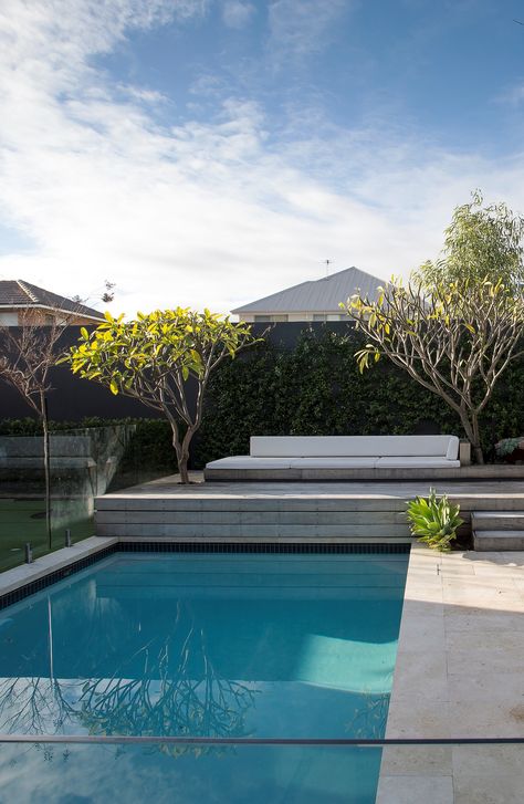 Raised decking above pool with a built in lounge chair and frangipani trees growing through decking. The raised decking also acts as a pool cover holder. Pool Cover Holder, Built In Lounge, Raised Decking, Hampton Pool, Pool Planters, Raised Pools, Decks Around Pools, Deck Piscina, Outdoor Pool Area