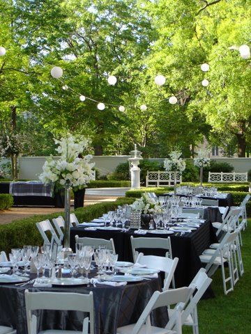 Great use of outdoor space and lighting for black/white dinner party. Black And White Outdoor Party, White Dinner Party, Round Table Settings, Outdoor Rehearsal Dinner, White Round Tables, I Do Bbq, Birthday Dinner Party, White Dinner, All White Party