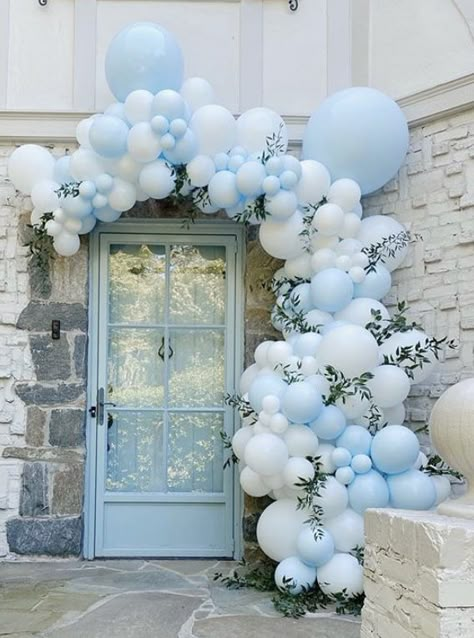 Light Blue And White Balloon Garland, Pale Blue Birthday Party, Pastel Blue Balloon Arch, Powder Blue Party Decorations, Blue Balloon Garland With Flowers, Light Blue And White Balloon Arch, Something Blue Bridal Shower Balloon Arch, On Cloud 9 Bridal Shower Decorations, Blue And White Aesthetic Party