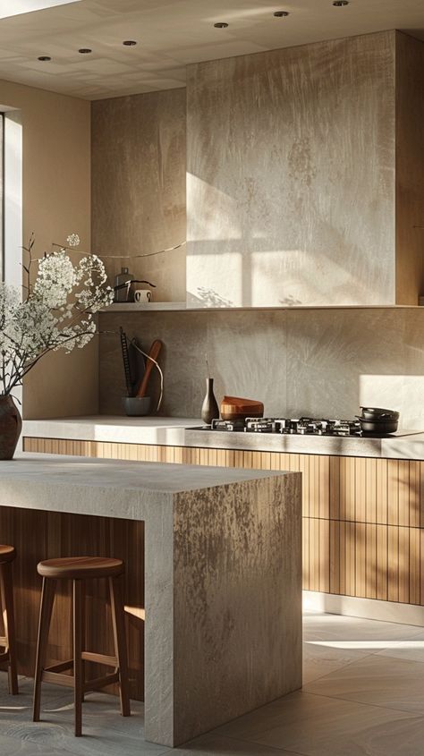 Concrete Wood Interior Design, Concrete Kitchen Ideas Modern, Natural Material Kitchen, Limewash Kitchen, Concrete And Wood Kitchen, Concrete Wood Interior, Concrete Kitchen Cabinets, Concrete Kitchen Ideas, Polished Concrete Kitchen