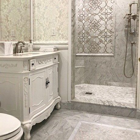 156 Likes, 2 Comments - Artistic Tile (@artistic_tile) on Instagram: “Bianco Carrara #marble field tile and marble mosaics blend beautifully with traditional decorative…”