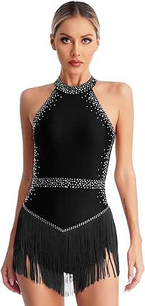 HULIJA Women Rhinestone Latin Dance Leotard Fringe Salsa Cha-cha Rumba Ballroom Dance Costume Cocktail Dress