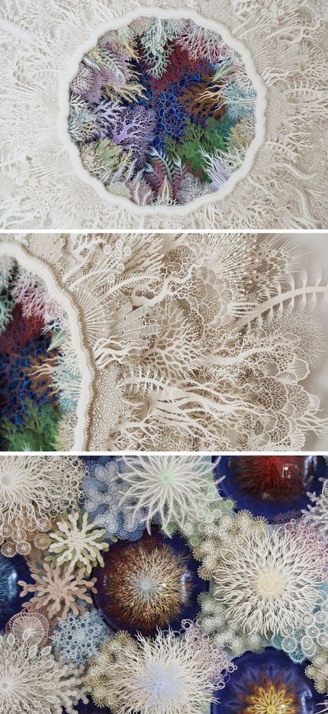 “The coral reef is a microcosm of a macrocosm,” says paper artist Rogan Brown. “What is happening to the reefs today will ultimately happen to the planet tomorrow unless action is taken.” Through new paper sculptures comprised of delicately fringed sea creatures, Brown creates a striking visual display of the disastrous impacts of the climate crisis on marine life, showing how issues like coral bleaching can radiate outward into the wider world. Coral Paper Art, Bleached Coral Reef, Coral Reef Inspired Fashion, Coral Bleaching Art, Decay Artists, Marine Life Fashion, Coral Display, Coral Reef Bleaching, Coral Photography