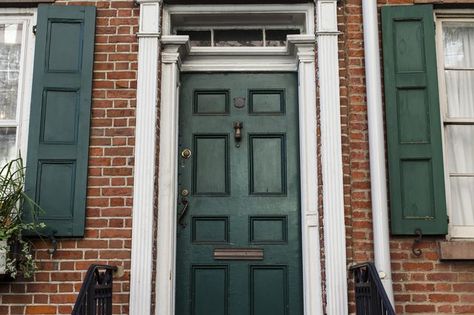 ... Red Brick Exterior Door Colors, Red Brick House Colored Door, Navy Blue Front Door Brick House, Green Shutters Red Brick House, Red Brick Green Shutters, Dark Green Front Door Brick House, Red Brick Front Door Color, Green Door Brick House, Green Front Door Brick House