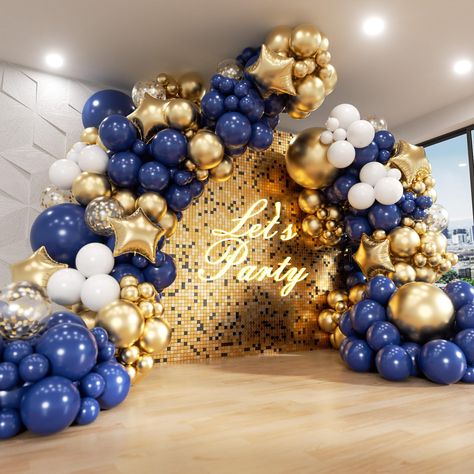 PRICES MAY VARY. 【Extra-Large Set】: The 187pcs navy blue white and gold balloon garland arch kit contain 62pcs navy blue balloons (20pcs 5inch, 30pcs 10inch, 10pcs 12inch, 2pcs 18inch), 62pcs gold balloons (30pcs 5inch, 20pcs 10inch, 10pcs 12inch, 2pcs 18inch), 43pcs white balloons (15pcs 5inch, 20pcs 10inch, 8pcs 12inch), 10pcs 12inch gold confetti balloons, and 6pcs 10inch starshaped foil balloons, a roll of 32 feet gold ribbon, a roll of 32 feet blue ribbon, a roll of 16 feet decorative strip Royal Blue And Gold Balloon Garland, Royal Blue Party Decorations, Diy Ballon, 18th Party, Balloons Arch, Balloon Tassel, Gold Confetti Balloons, Birthday Party Balloon, Royal Blue And Gold