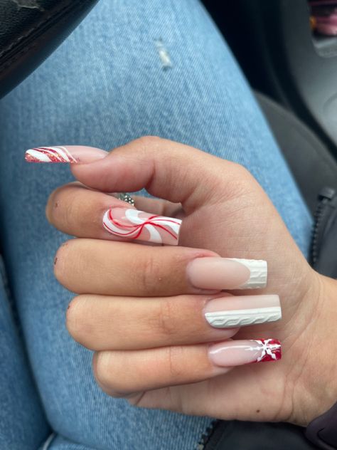 Christmas Nails Let It Snow, Let It Snow Nails, Red French Tips With White Snowflakes, Let It Snow Nail Designs, Winter Nails Red Snowflake, Snow Nails Winter Red, Winter Nails Red, Snow Nails, Nails Red